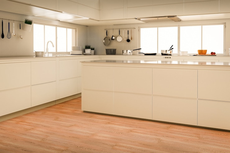Photo intérieur de cuisine moderne de rendu 3d sur plancher en bois