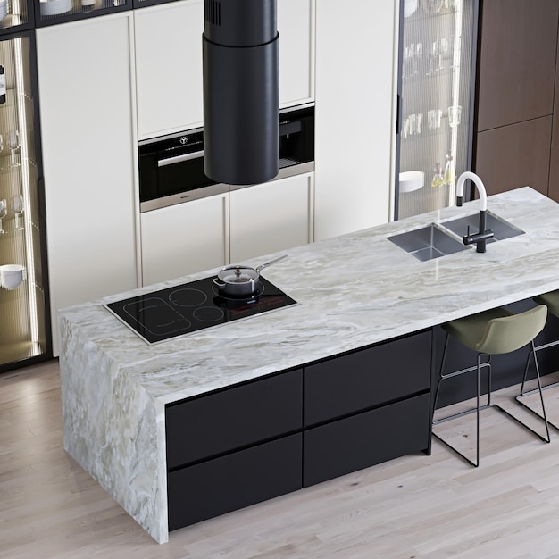 Intérieur de cuisine moderne de rendu 3d avec table en marbre blanc et murs gris et parquet