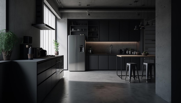 Intérieur de cuisine moderne et sombre avec meubles et ustensiles de cuisineGenerative AI