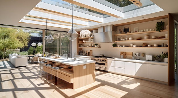 intérieur de cuisine moderne et spacieux avec lumière naturelle et plafond en verre générativa IA