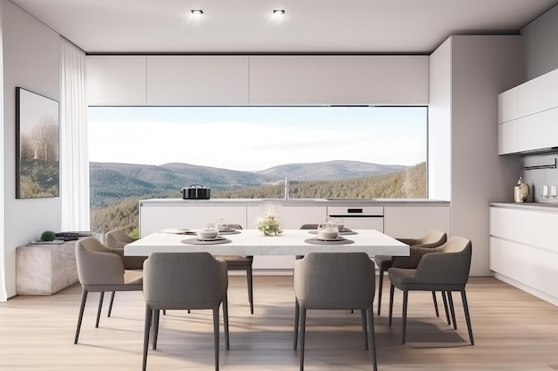 Intérieur de cuisine moderne avec table à dîner et vue panoramique