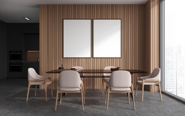 Intérieur de cuisine moderne avec table à manger et fenêtres panoramiques Cadres de maquette