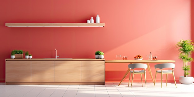 Intérieur de la cuisine avec mur de couleur corail vivant en