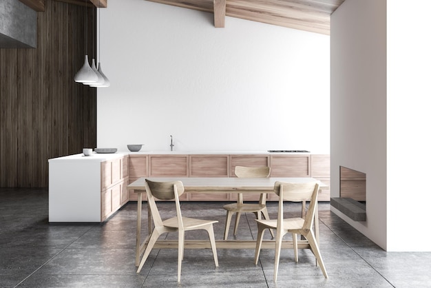 Intérieur de cuisine avec murs blancs et bois, sol carrelé, comptoirs en bois avec four et évier, table en bois avec chaises et cheminée. rendu 3d