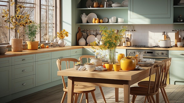 Intérieur d'une cuisine provençale classique moderne Table à manger et chaises en bois fruits frais et fleurs mur de pistache et vaisselle de meubles sur les étagères Conception de maison contemporaine rendu 3D