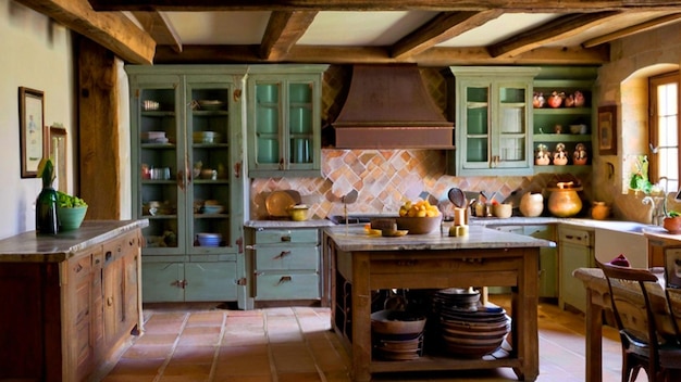 Photo un intérieur de cuisine provinciale française avec une armoire verte avec les portes ouvertes