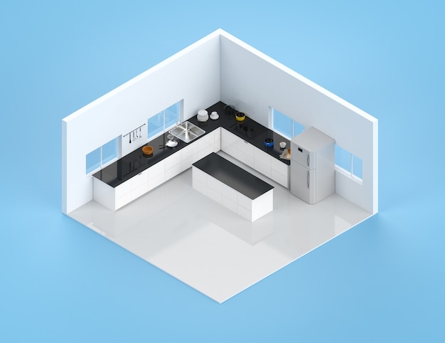 Intérieur de cuisine de rendu 3D avec comptoir et réfrigérateur isométrique