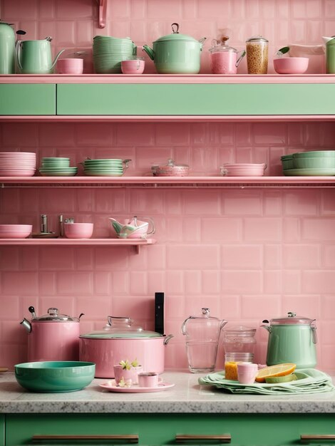 Photo l'intérieur de la cuisine en rose décoré de plats en rose et vert