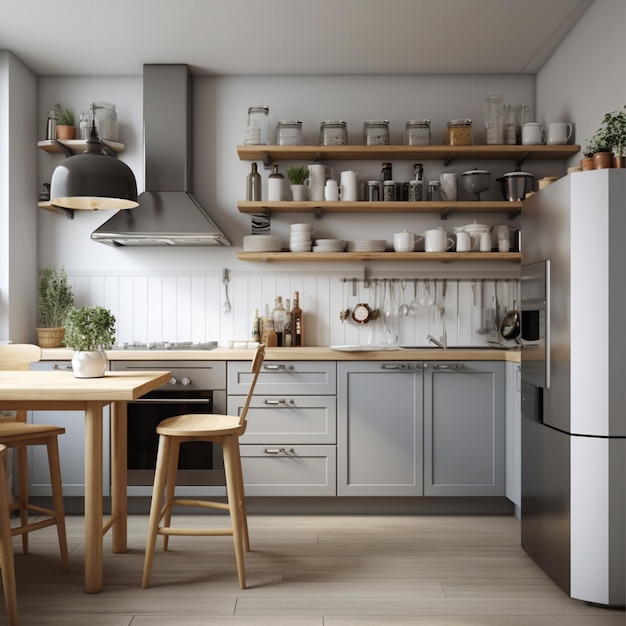 Intérieur de cuisine scandinave élégant et moderne avec accessoires de cuisine.