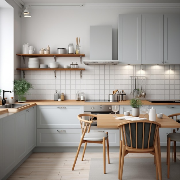 Intérieur de cuisine scandinave élégant et moderne avec accessoires de cuisine.