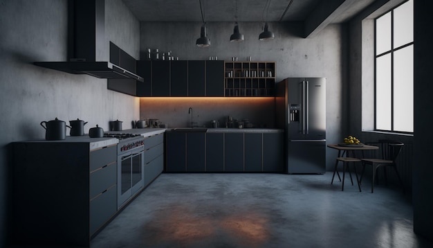 Intérieur de cuisine sombre moderne avec meubles et ustensiles de cuisine gris noir et fond intérieur de cuisine sombre cuisine de luxe AI générative