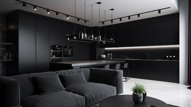 Intérieur de cuisine sombre moderne avec des murs noirs, des comptoirs et des placards gris en bois