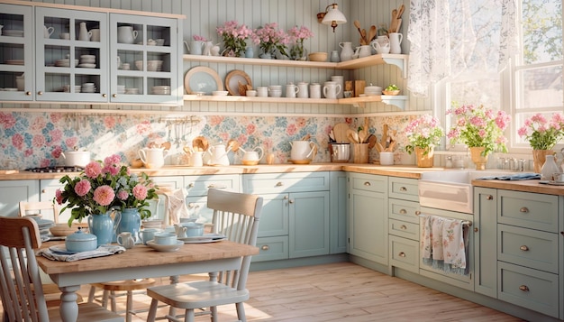 Intérieur de la cuisine avec table et chaises de belles fleurs dans des vases