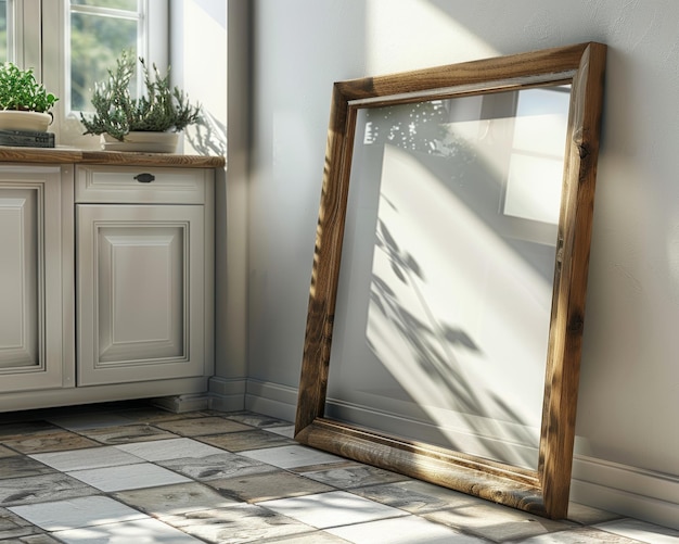 Intérieur de cuisine traditionnel avec cadre d'image en chêne appuyé sur le sol en carreaux IA générative