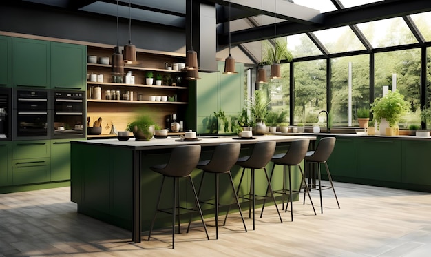 Photo intérieur de cuisine vert foncé avec plancher en bois et comptoirs en bois rendu 3d