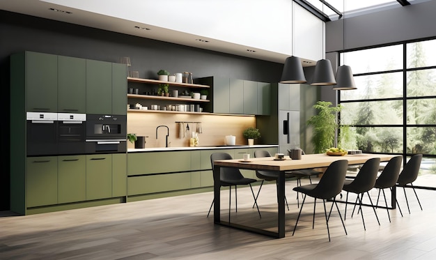 Photo intérieur de cuisine vert foncé avec plancher en bois et comptoirs en bois rendu 3d