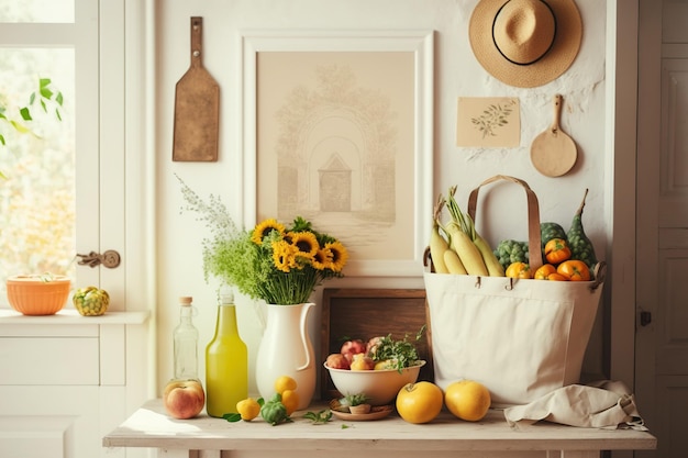 Intérieur de cuisine vintage avec sac de table en bois avec pommes fruits légumes oeufs tournesols et accessoires de cuisine Concept minimaliste d'espace de cuisine Modèle Espace de copie Prêt à l'emploi