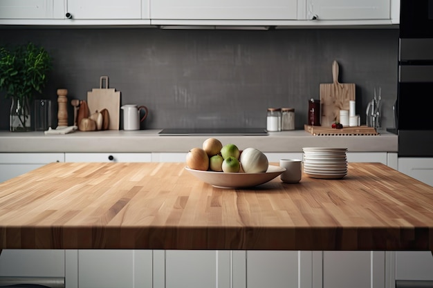 Un intérieur de cuisines modernes dispose d'une table en bois vide