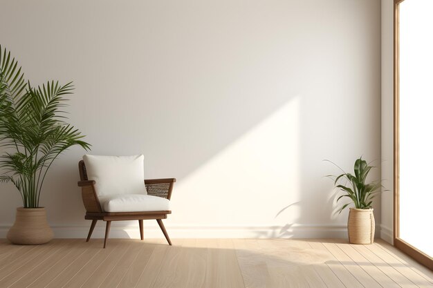 intérieur dans une pièce blanche avec des meubles sur plancher en bois et porte ai générer