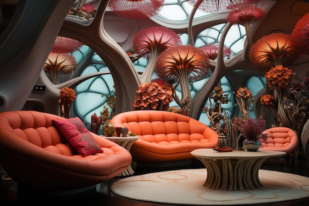 Intérieur design futuriste étrange où les meubles des chambres ressemblent à des champignons détails de conception étonnants g
