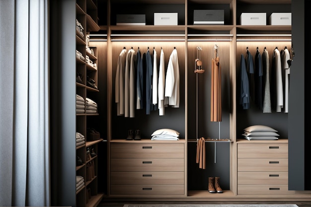 À l'intérieur d'un dressing, concevez une armoire contemporaine en chêne avec des vêtements suspendus à un rail
