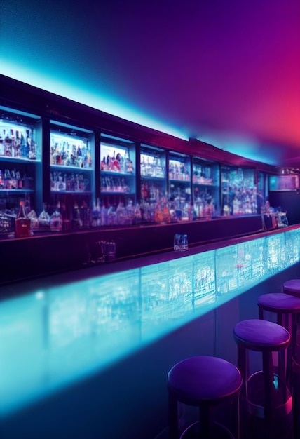 Intérieur du bar avec intérieur du bar de couleur néon avec des bouteilles Se concentrant sur le dessus du bar
