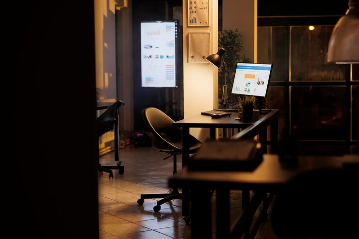 Photo intérieur du bureau de démarrage vide avec mobilier moderne pendant la nuit avec rapport graphique exécuté sur le bureau. société financière sans personne, démarrage du lieu de travail, concept de lieu de travail à l'intérieur