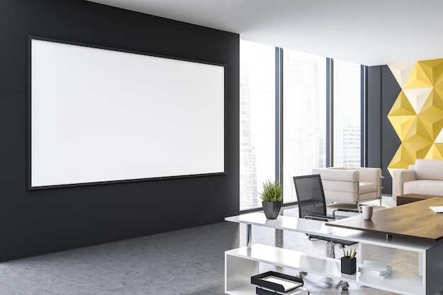 Intérieur du bureau du PDG avec des murs gris et géométriques, une table d'ordinateur blanche et en bois, un canapé et un fauteuil beiges et une affiche horizontale. maquette de rendu 3d