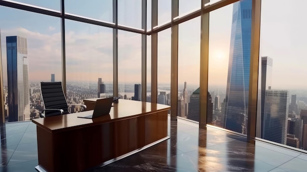 Intérieur du bureau avec l'horizon de la ville au lever du soleil