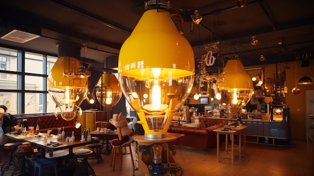 À l'intérieur du café, il y a une grande lampe jaune-or.