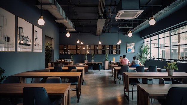 L'intérieur du café avec des tables et des chaises et un mur avec une photo d'une plante dessus.