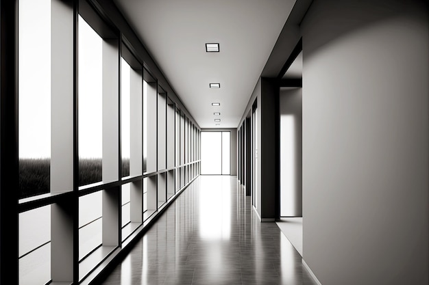 Intérieur du couloir de bureau vide avec des fenêtres pleine paroi dans un style minimaliste