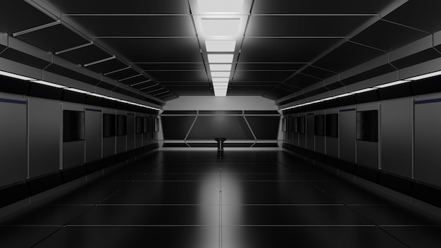 À l'intérieur du couloir du tunnel SciFi intérieur du vaisseau spatial ou de la station spatiale avec rendu 3D de l'espace vide