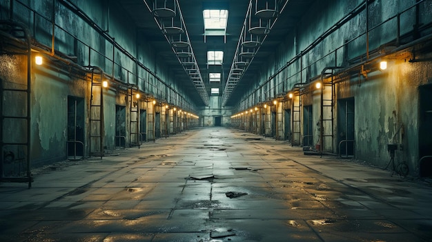 L'intérieur du couloir de la prison industrielle à deux étages.