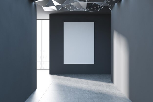 Photo intérieur du couloir vide avec murs gris, sol carrelé, grande fenêtre, plafond gris avec motif géométrique et affiche verticale sur le mur. maquette de rendu 3d