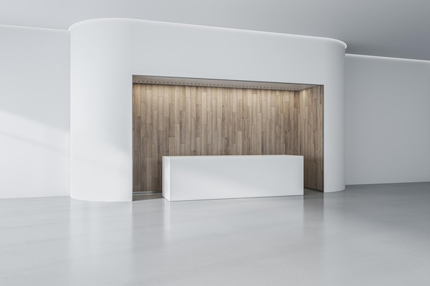 Intérieur du hall de bureau propre avec mur blanc et bureau de réception avec installation en bois Concept d'hôtel ou de zone d'attente Rendu 3D