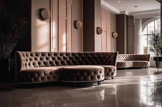 L'intérieur du hall d'hôtel de luxe avec des canapés et des fauteuils en cuir Un intérieur de hall d'hôtels de luxe avec une zone d'attente confortable et élégante