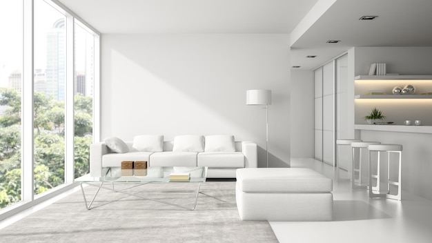 Intérieur du loft design moderne en rendu 3D blanc