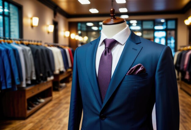 Photo À l'intérieur du magasin de costumes pour hommes, des rangées de vêtements bien exposés