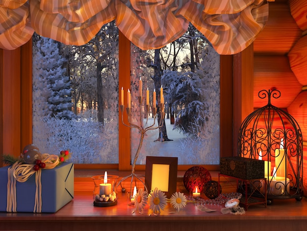 Photo de l'intérieur du nouvel an. sur la photo, la table avec un cadeau, des fleurs et des bougies est représentée. contre un paysage d'hiver