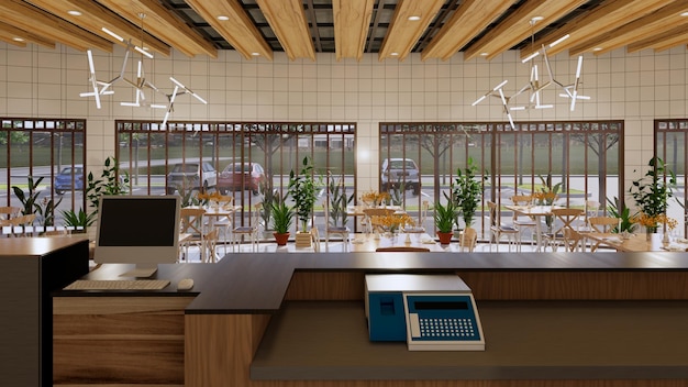 intérieur du restaurant boulangerie et café dans un rendu 3D de style architectural industriel