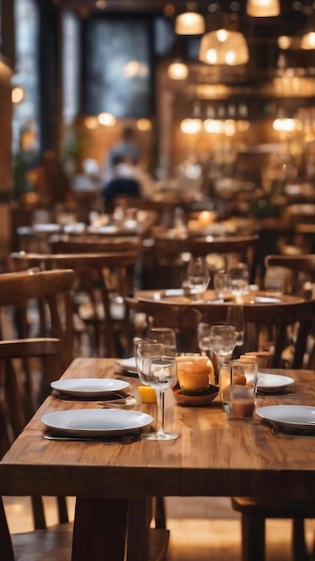 Intérieur du restaurant avec client et table en bois flou arrière-plan abstrait avec lumière bokeh