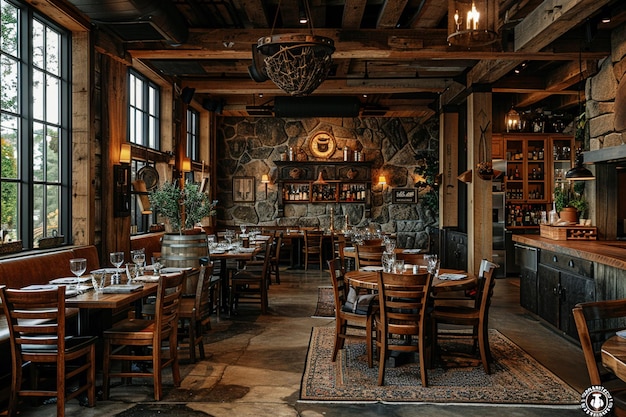 Photo intérieur du restaurant farmtotable avec décor rustique et cuisine ouverte