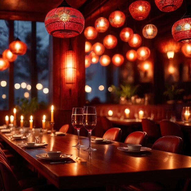 À l'intérieur du restaurant, des lumières brillantes à longue exposition