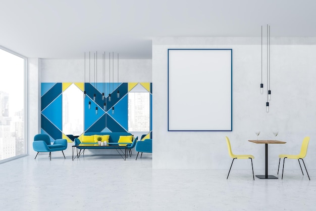 Intérieur du restaurant avec des murs à motifs géométriques bleus, un canapé bleu et des fauteuils près d'une table noire et des chaises jaunes près d'une table carrée. Affiche verticale sur le mur. maquette de rendu 3d