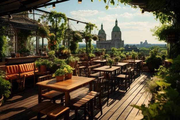 Photo À l'intérieur du restaurant sur le toit vue urbaine photographie publicitaire professionnelle