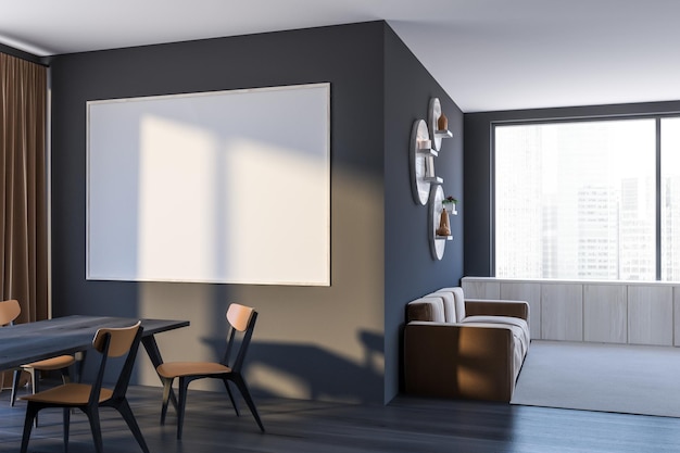 Intérieur du salon aux murs gris, parquet foncé, canapé beige avec armoire en bois et affiche horizontale au-dessus d'une table en bois avec chaises. maquette de rendu 3d