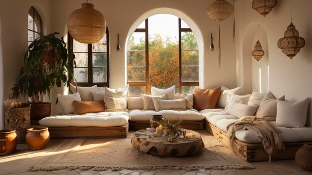 Intérieur du salon bohémien confortable avec vue sur la nature