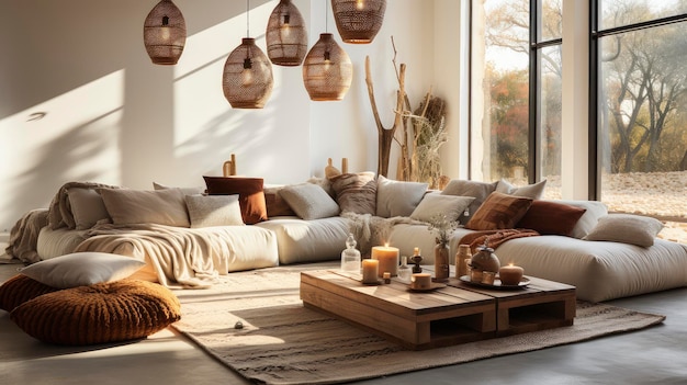 Intérieur du salon bohémien confortable avec vue sur la nature