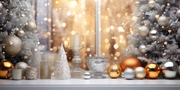 Intérieur du salon avec des boules de Noël de sapin de Noël décorées et bokeh généré par l'IA